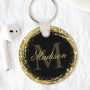 Glanzende Zwarte Gouden Glitter Monogram Naam Sleutelhanger