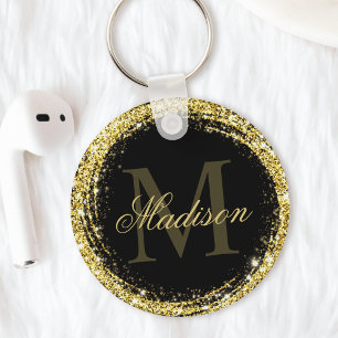 Glanzende Zwarte Gouden Glitter Monogram Naam Sleutelhanger