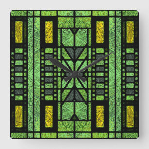 Glas-in-lood Art Deco in groen en goud Vierkante Klok