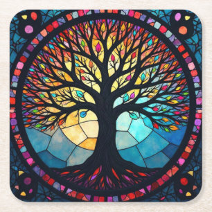 Glas in lood Art, Tree of Life Glas in lood Vierkante Kartonnen Onderzetter