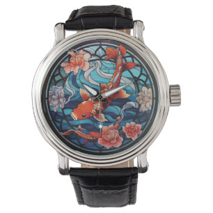 Glas in lood Aziatische Stijl Koi Vis en Camellias Horloge
