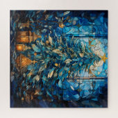 Glas in lood Blauwe Kerstpuzzel Legpuzzel (Horizontaal)