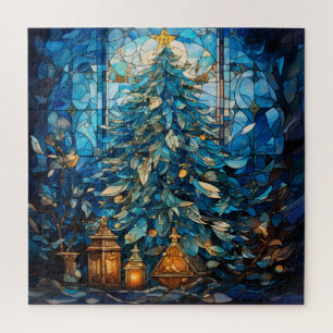 Glas in lood Blauwe Kerstpuzzel Legpuzzel