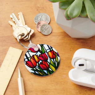 Glas in lood Blooms: Leadlight Tulpen in kleur Sleutelhanger