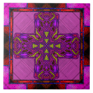 Glas in lood Celtic Cross in roze en Paarse kleure Tegeltje