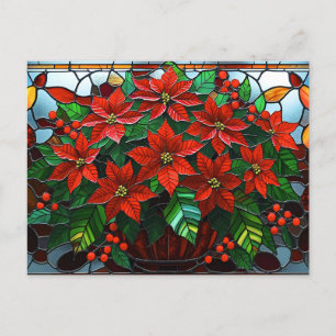 Glas in lood Christmas Poinsettia Flowers Feestdagenkaart