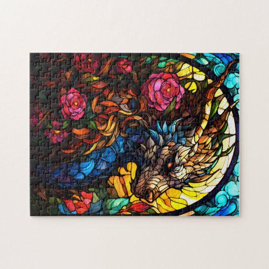 Glas in lood Dragon met Bloemen Puzzel Legpuzzel (Horizontaal)