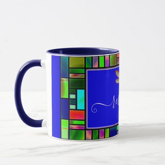 Glas in lood en libellen op maat mok (Links)