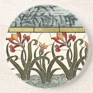 Glas in lood Flowers met Tan Border Zandsteen Onderzetter