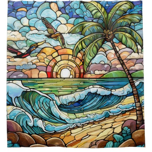 Glas in lood golven op het strand douchegordijn (Voorkant)