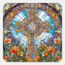 Glas in lood Heilig Kruis met Bloemen Vierkante Sticker