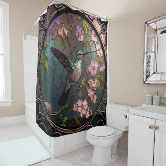 Glas in lood Hummingbird Pattern Spring Flowers Douchegordijn (In situ)