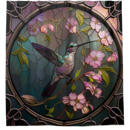 Glas in lood Hummingbird Pattern Spring Flowers Douchegordijn (Voorkant)