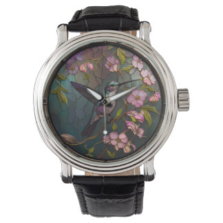 Glas in lood Hummingbird Pattern Spring Flowers Horloge