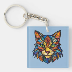 Glas-in-lood Kat Gedetailleerd Gezicht Sleutelhanger