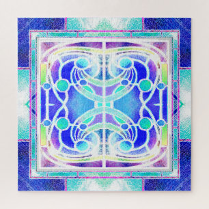 Glas-in-lood kathedraalraam in blauw en groen legpuzzel