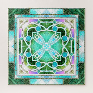 Glas-in-lood kathedraalraam in groen en mint legpuzzel