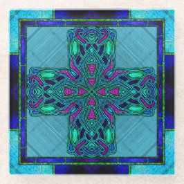 Glas-in-lood Keltisch Kruis in Blauw en Aqua Glazen Onderzetter