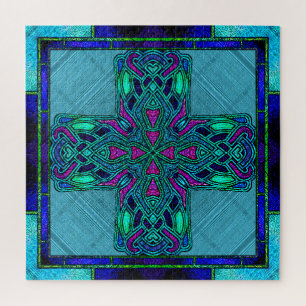 Glas-in-lood Keltisch Kruis in Blauw en Aqua Legpuzzel
