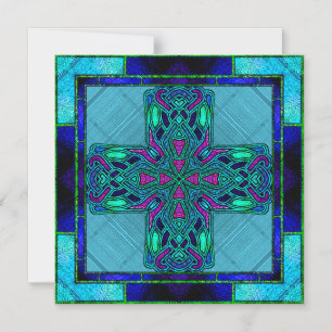 Glas-in-lood Keltisch Kruis in Blauw en Aqua Magnetische Uitnodiging