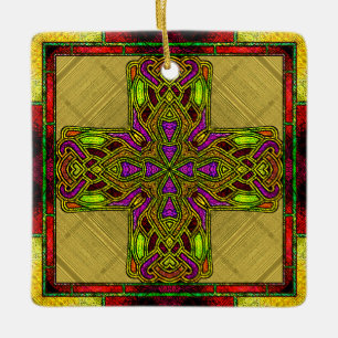 Glas-in-lood Keltisch Kruis in Rood en Goud Keramisch Ornament