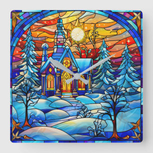 Glas in lood Kerk Wandklok Vierkante Klok