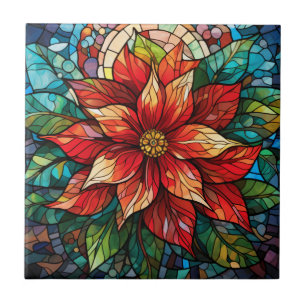 Glas in lood Kerstbloem rood Poinsettia Tegeltje