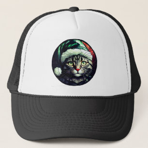 Glas-in-lood Kerstmis Grijs Tabby In Groene Hoed Trucker Pet