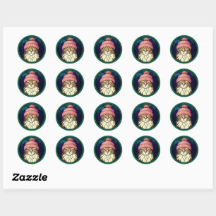 Glas-in-lood kersttabbykat in roze muts ronde sticker