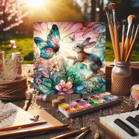 Glas in lood konijn en vlinder Christelijk Pasen Feestdagenkaart