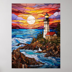 Glas-in-lood Kustvuurtoren Zonsondergang Poster
