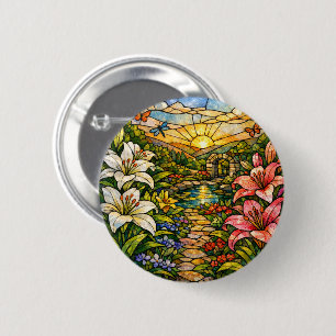 Glas-in-lood-lelies en zonneschijn ronde button 5,7 cm