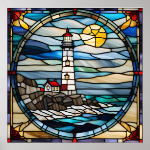 Glas in lood Look Coastal Lighthouse Downloadbaar Poster
