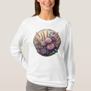 GLAS IN LOOD LOOK HERFST PAARSE ASTER BLOEMEN T-SHIRT