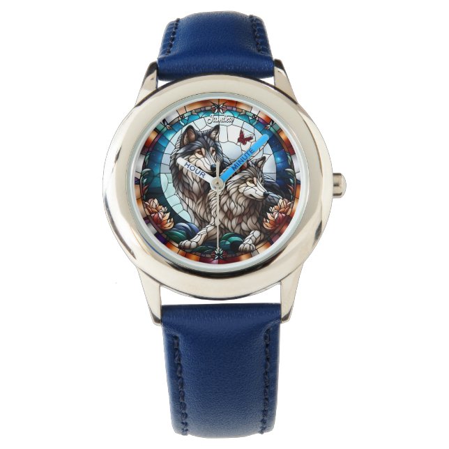 Glas in lood Look Wolf Pair Horloge (Voorkant)