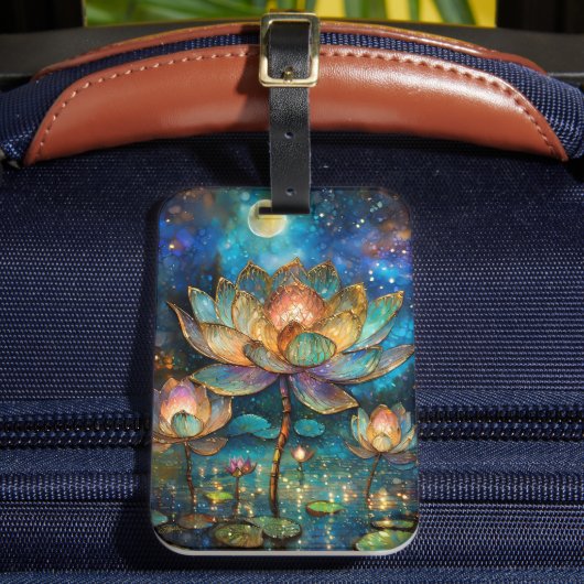 Glas in lood Lotus Bloesems in het maanlicht Bagagelabel (Voorkant Insitu 2)