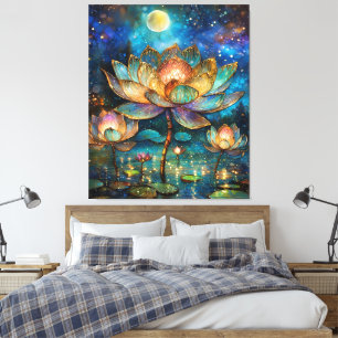 Glas in lood Lotus Bloesems in het maanlicht Canvas Afdruk