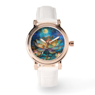 Glas in lood Lotus Bloesems in het maanlicht Horloge