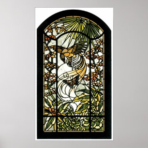 Glas in lood met vogel en vlinder poster