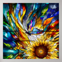 Glas in lood met Zonnebloem en Vlinder