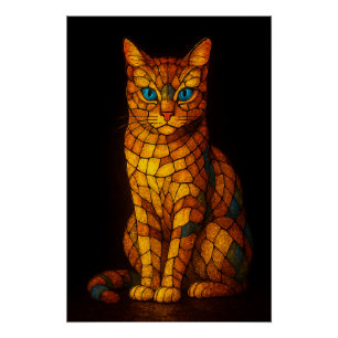 Glas-in-lood Mozaïek Kat met Blauwe Ogen Poster Perfect Poster