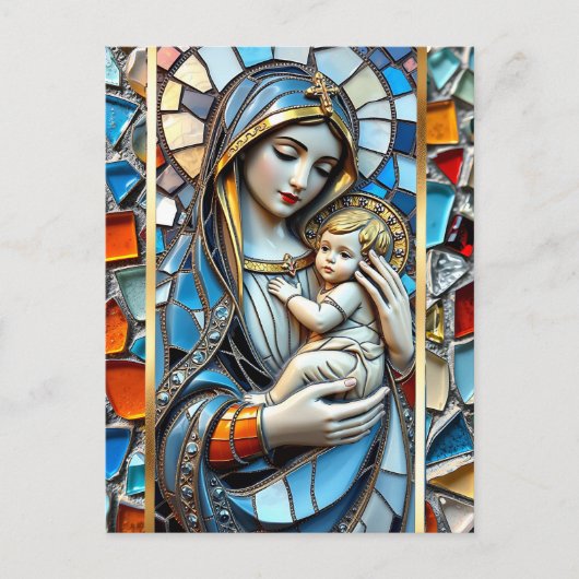 Glas in lood mozaïek | Maria en Jezus Kerstmis Briefkaart (Voorkant)
