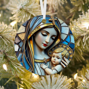 Glas in lood mozaïek Maria en Jezus Kerstmis Metalen Ornament