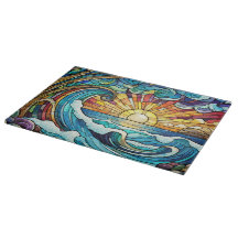 Glas in lood oceaan bij zonsondergang kunst