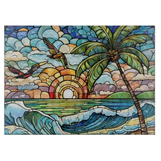 Glas in lood oceaan bij zonsondergang kunst snijplank (Voorkant)