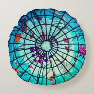 Glas in lood oceaan tropische vis blauwgroen blauw rond kussen
