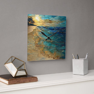Glas-in-lood Oceaan Wandklok Strand Vierkante Klok