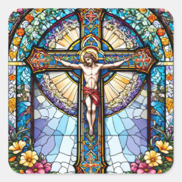 Glas in lood op het kruis met bloemen vierkante sticker
