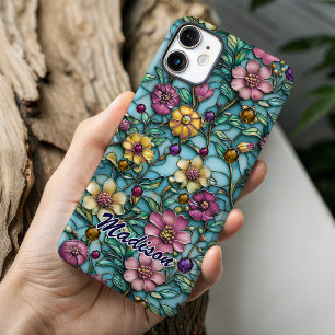 Glas-in-lood paarse bloempatroon ontwerp iPhone 16 hoesje