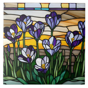 Glas in lood Paarse krokusbloemen Tegeltje